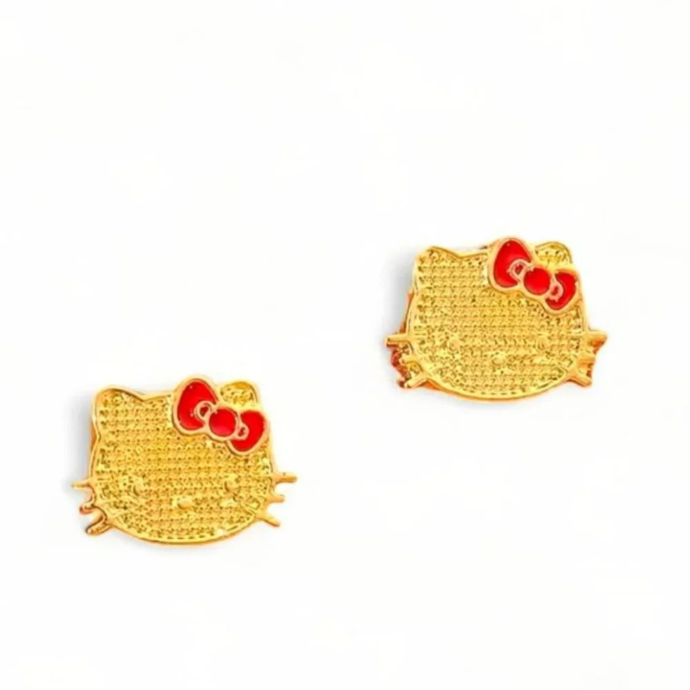 NEW - HELLO KITTY ZINC ALLOY COLORED GOLD/RED STUD EARRINGS - Picture 4 of 4